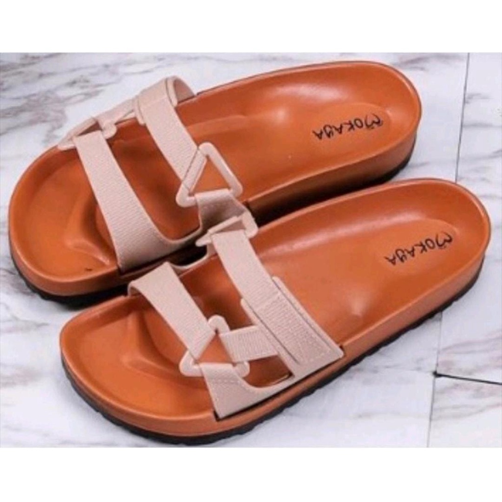 Sandal Slop Jelly Wanita Semi Gunung Tali Sambung Segi Tiga Kanan Kiri Sol Coklat Trendy Import Mokaya / Size 37-41 (1801-B11)