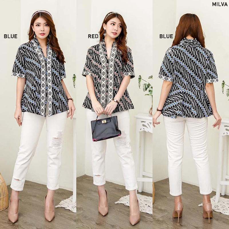 Evercloth Milva Blouse Wanita Atasan Wanita Blouse Batik Perempuan Atasan Batik Wanita Lengan Pendek Kebaya Kimono Batik Baju Kutu Seragam Sarimbit Set