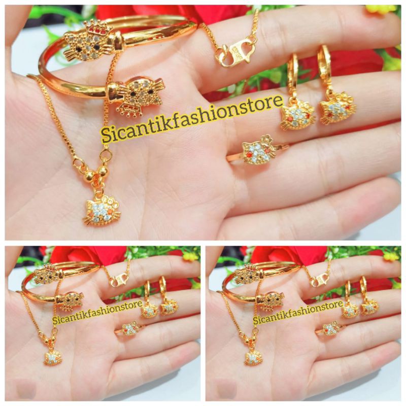 Perhiasan set anak anak hello Kitty Cincin gelang anting kalung  Terlaris anti Karat tidak luntur