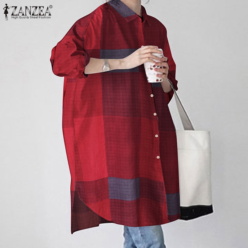 ZANZEA Women's Retro Casual Full Sleeve Plaid Printed Button Lapel Blouse