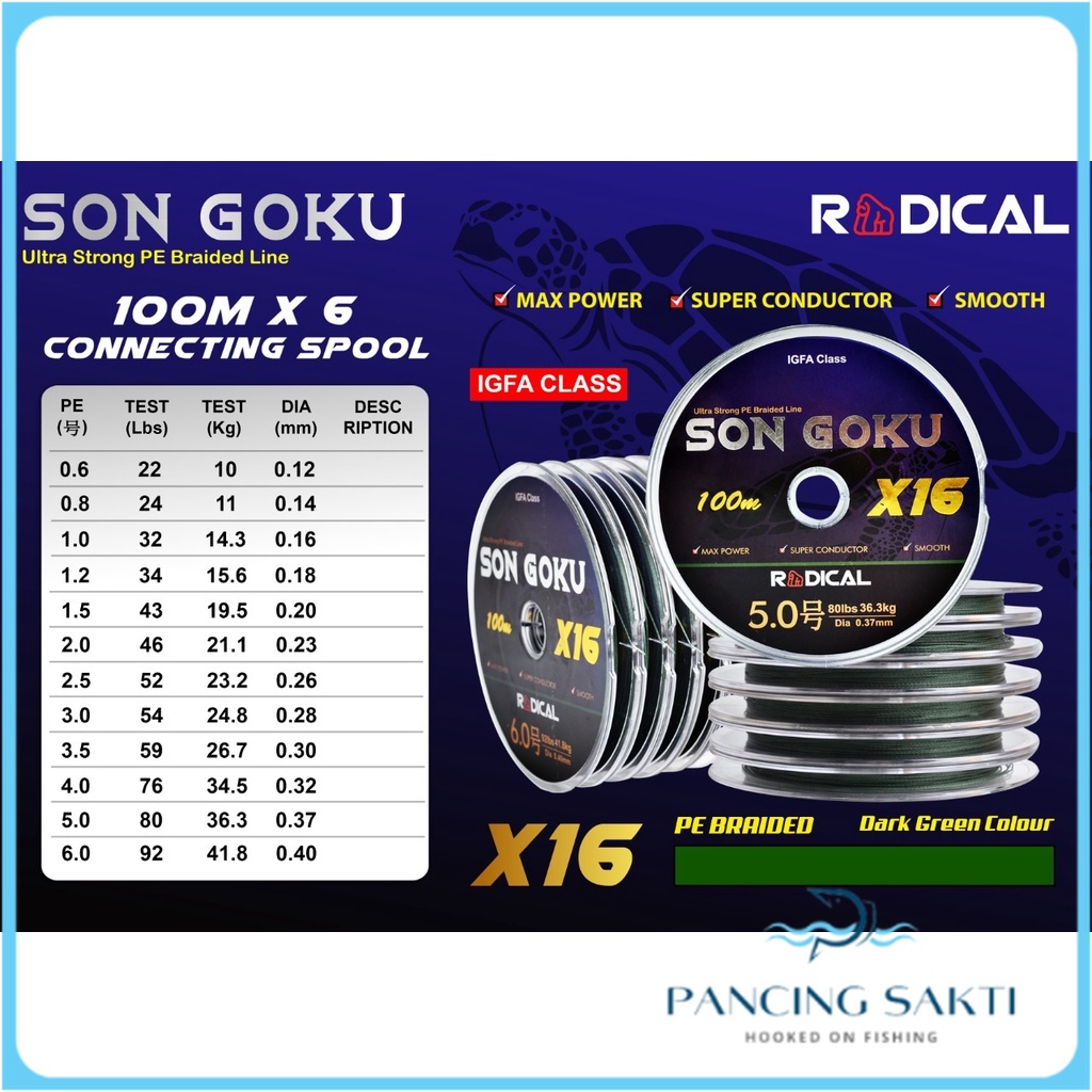 Alat Tali Pancing Senar Pancing Laut Kuat PE Braid RADICAL Son Goku 100m X16 Connecting Konekting Hi