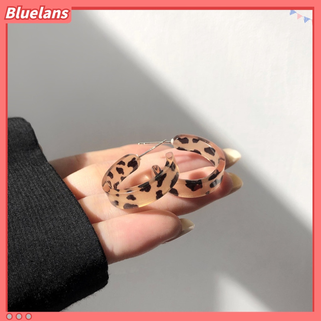 Anting Stud Panjang Bentuk Lingkaran Geometris Motif Print Leopard Bahan Resin Untuk Wanita