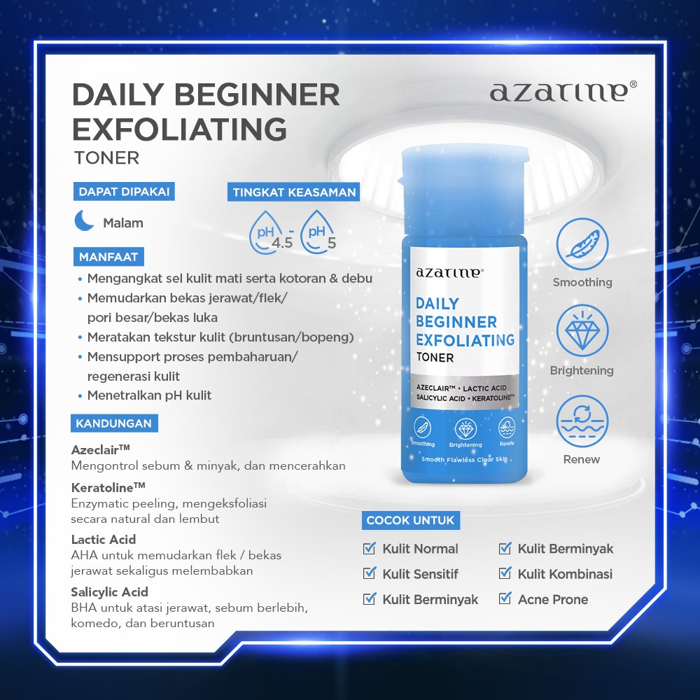 AZARINE Toner 90ml - Mild Purifying | Multi-Acid Glowing | Moisture Rich Hydrating | Daily Beginner Exfoliating Face Toner