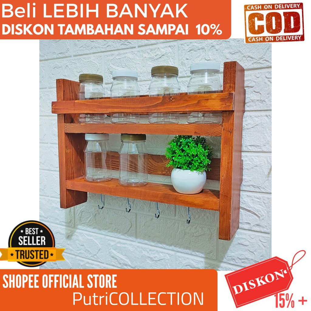 Rak serbaguna susun dapur kayu portable tempat bumbu tempel dinding