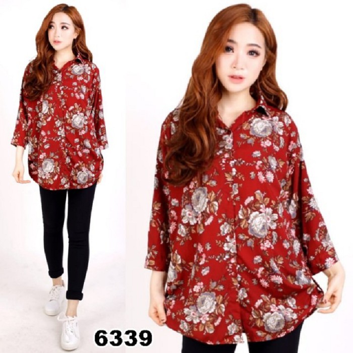 Kemeja Kerja Wanita Motif Bunga Lengan Panjang Branded KEMEJA JUMBO KANESHA MAROON [Baju Atasa 12TTG