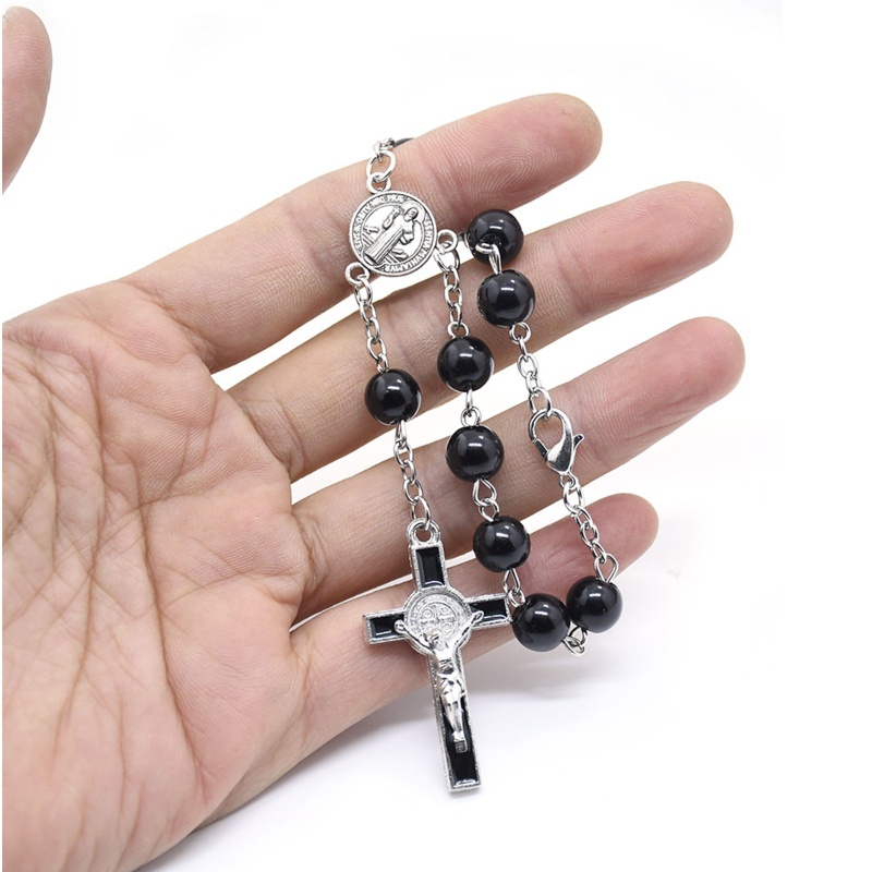 Siy Black Glass Beads Rosario Untuk Liontin Salib Gelang Doa Katolik Religi Untuk Perhiasan Salib Untuk Keluarga Elde