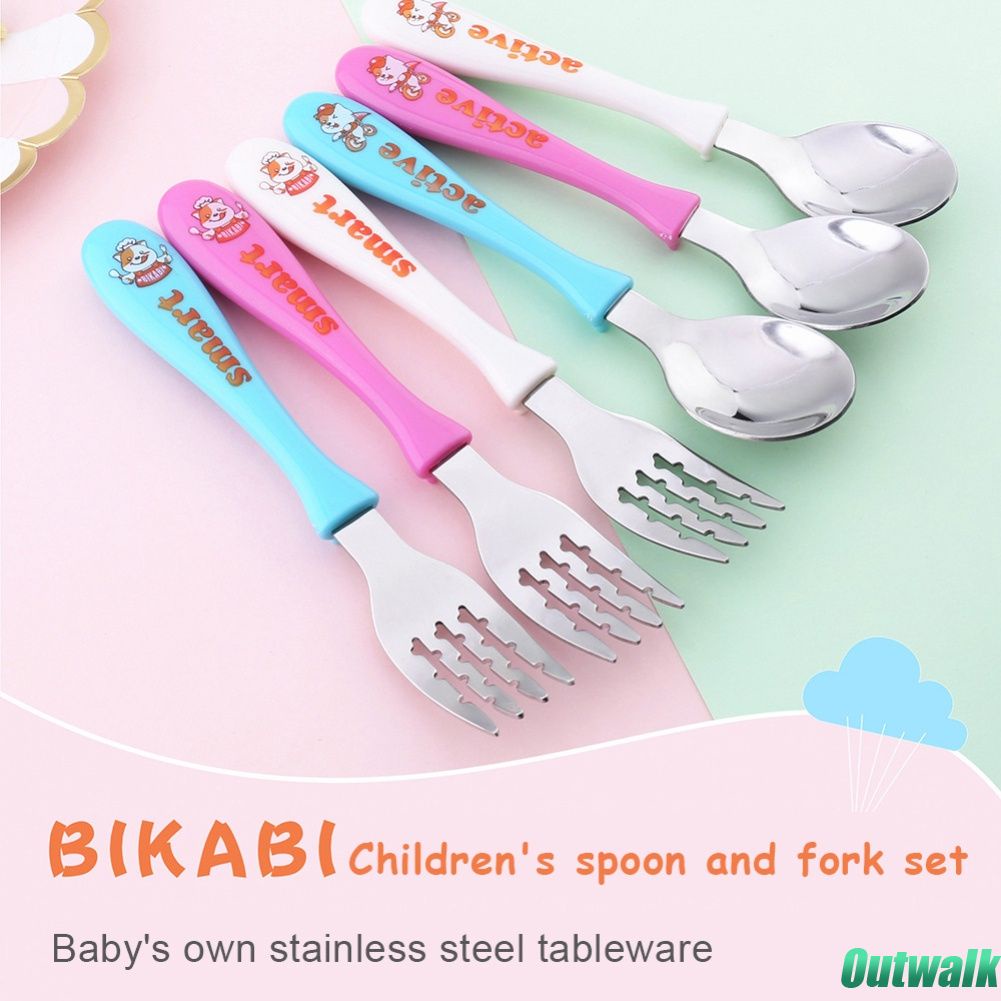 Set Sendok Dan Garpu Portabel Bahan Stainless Steel Motif Kartun Untuk Peralatan Makan Anak