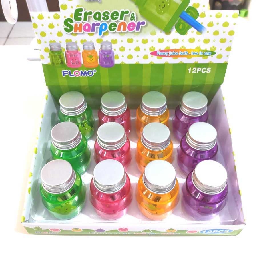 

Rautan 2 Lubang dan Penghapus Fancy Merk Flomo Sharpener with Dust Container and Eraser Juice Bottle