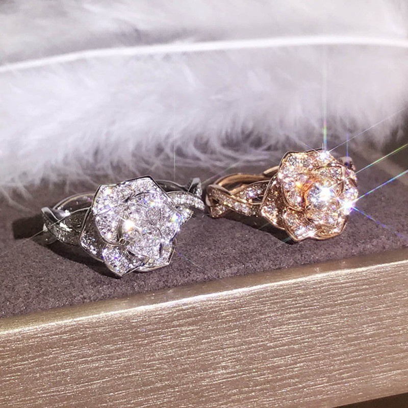 925 Silver Rhinestone 1.2Ct Round Cut Diamond Ring Sparkling Rose Flower Gemstone White Rings