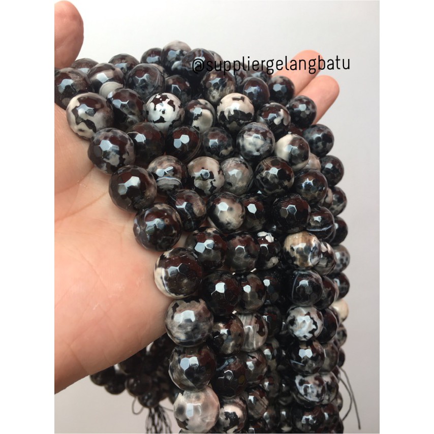 batu dalmantion agate FACETED BEADS 14mm cutting UKIR gelang kalung aksesoris hitam putih trending