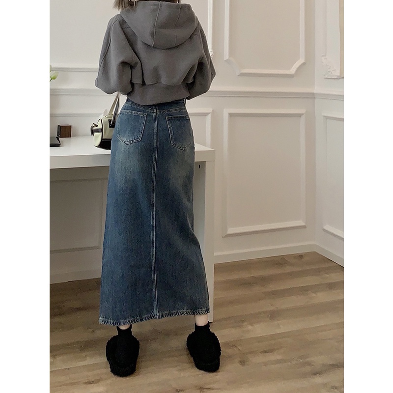 Suhao retro split denim rok wanita 2022 musim panas baru pinggang tinggi ramping rok mid-length A-line