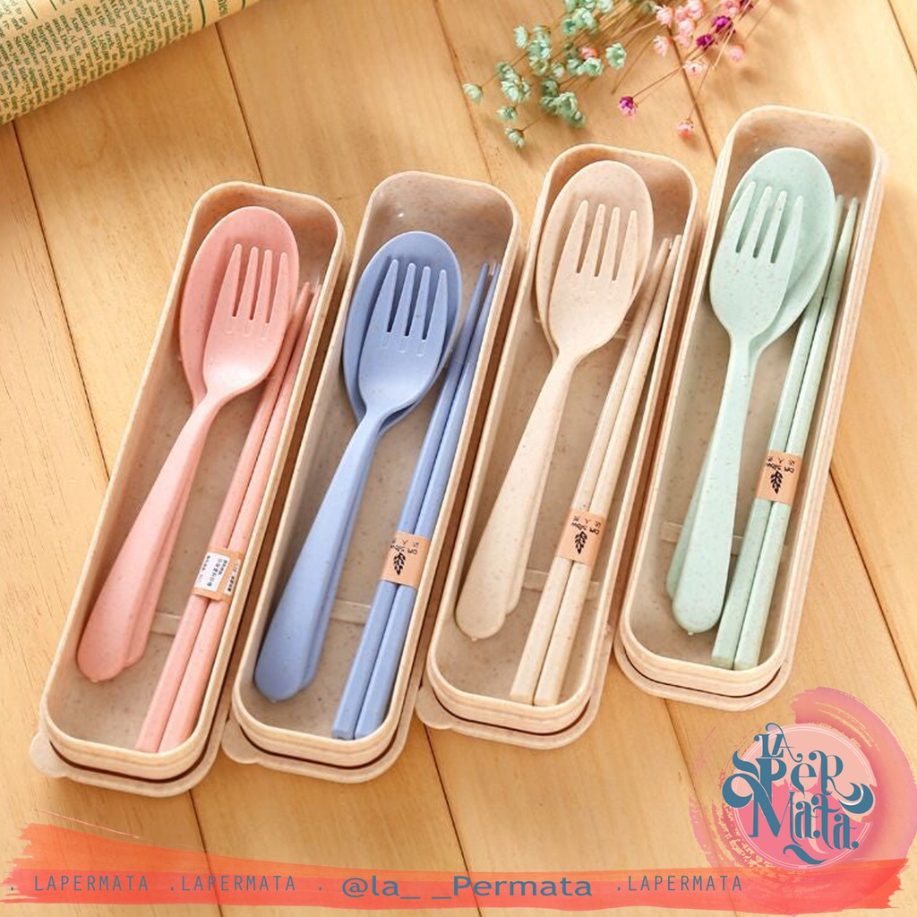 Sendok Garpu Sumpit Portabel Set / Alat Makan Bahan Jerami Gandum - LPM Shop