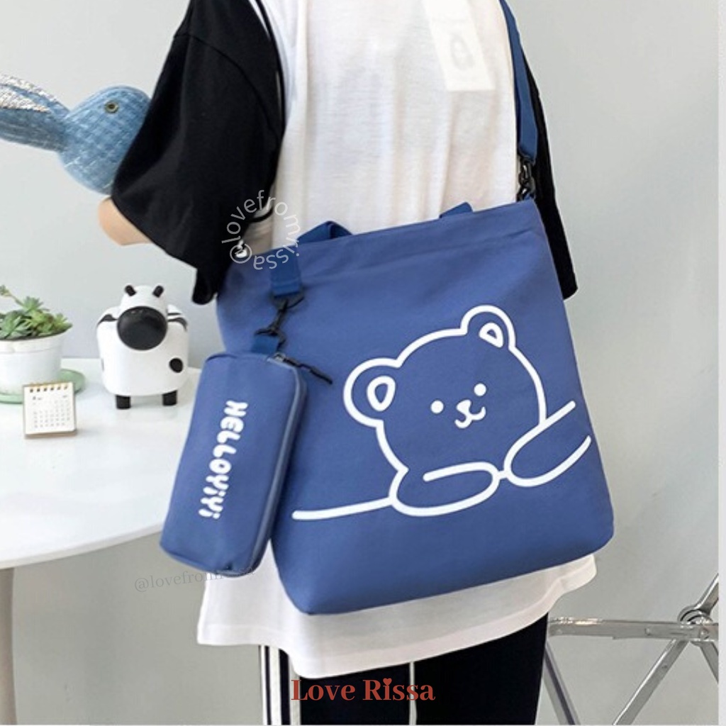 Tas Teddy Tas Japanese Style Tas Selempang Tote Bag 2 in 1 Solid Color Love Rissa