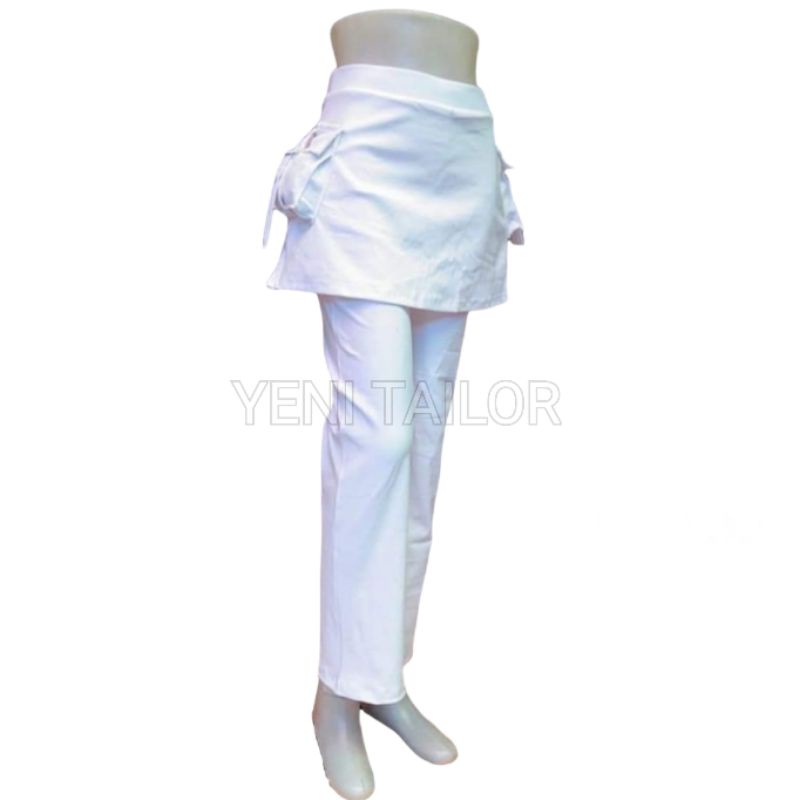 celana rok kantong senam wanita putih bahan denim spandek katun