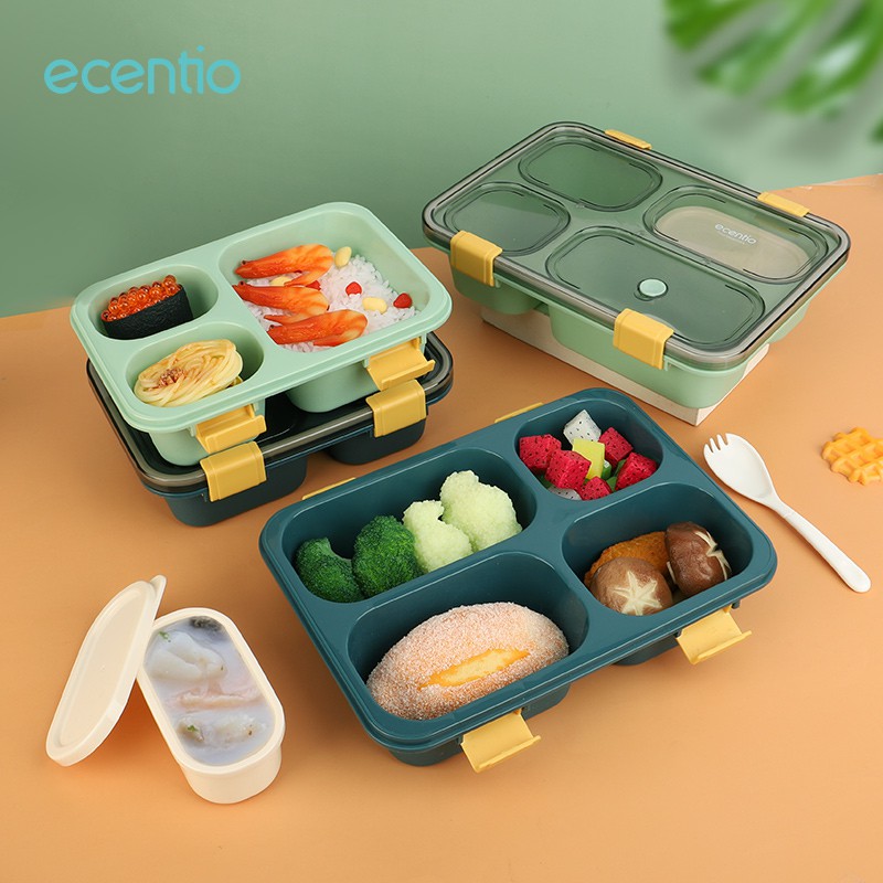 ecentio Kotak bento 4/3 Grid lunch box/disegel kotak makan/tempat makan dan sendok1400/850ml