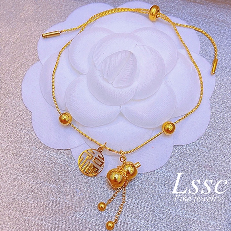 Gelang Titanium Rumbai Labu 'Fu' Keberuntungan Emas 18K Anti Karat Aksesoris Wanita Korea