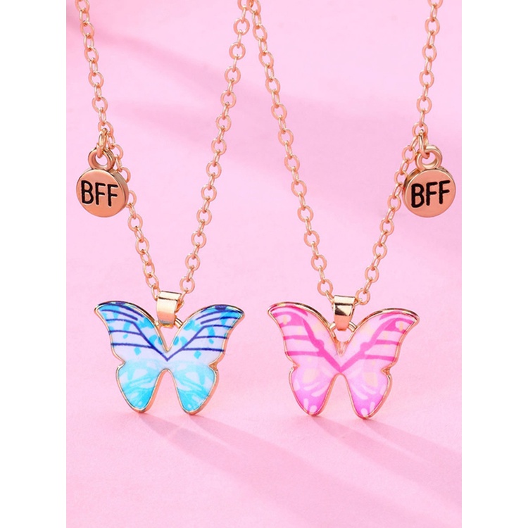 2pcs / Set Kalung Persahabatan Dengan Liontin Kupu-Kupu Warna-Warni Gaya Korea Untuk Wanita