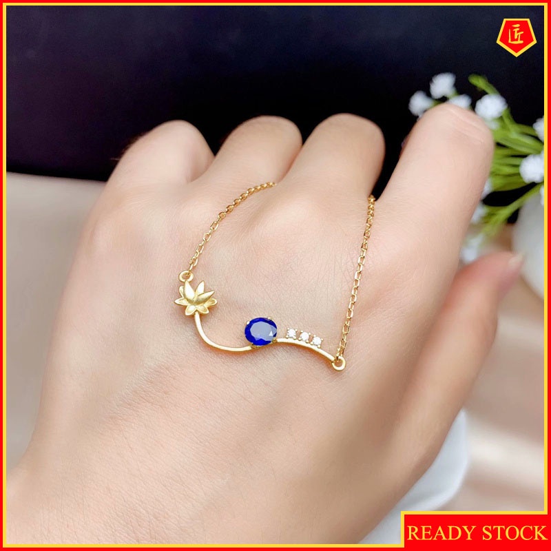 [Ready Stock]Fashion Lotus Gold Necklace Inlaid Sapphire Pendant