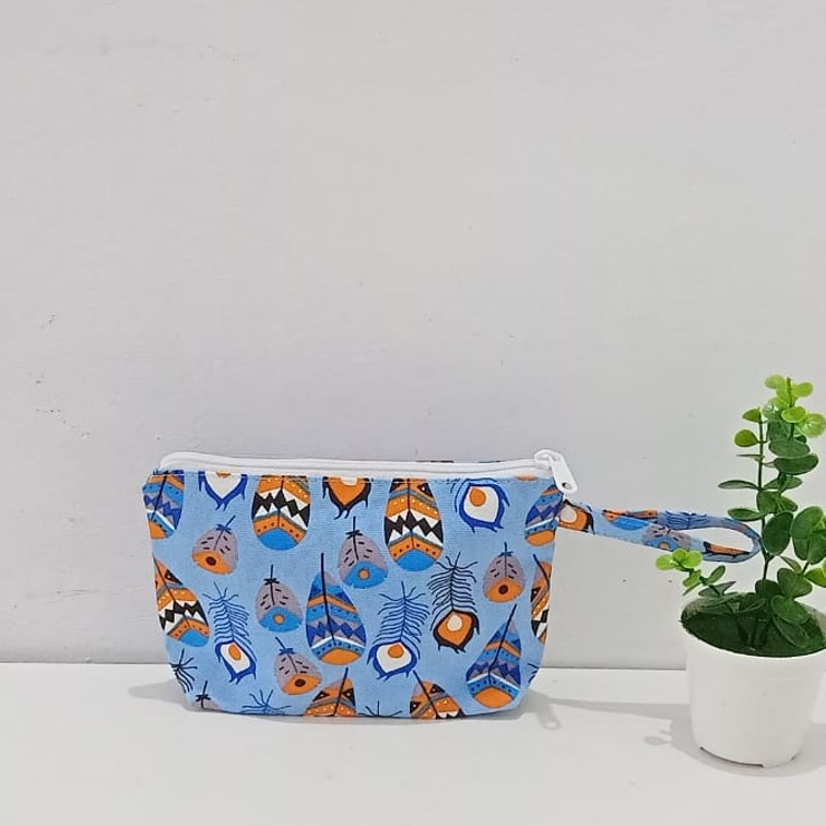 DOMPET KANVAS POUCH KANVAS MOTIF MULU MERAK BIRU. Riens Collections