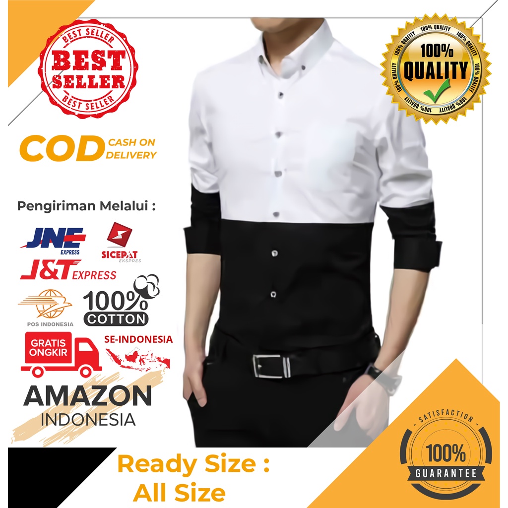 ATASAN KEMEJA PRIA STYLE CASUAL WARNA PUTIH KOMBINASI HITAM BAHAN KATUN STRETCH BEST QUALITY LENGAN PANJANG