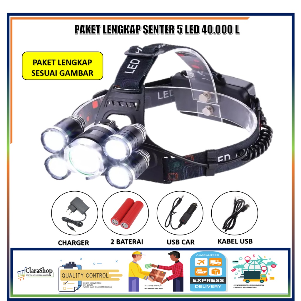 Paket headlamp LED Cree XM-L T6 40.000 Lumens xpe 5 mata - Senter Kepala super terang