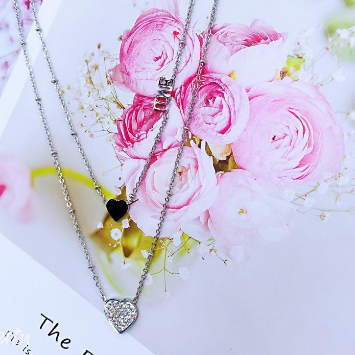 LANGSUNG KIRIM.. 725# Kalung Wanita titanium lapis emas 18k model 2 layer liontin love rosegold