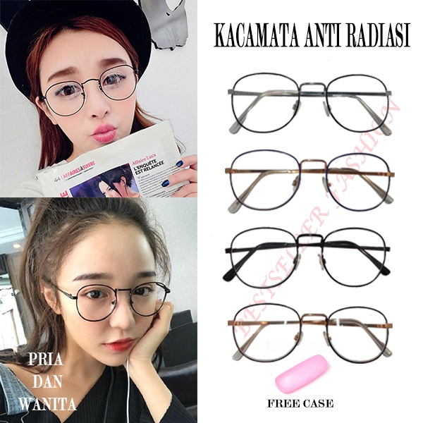 Kacamata Frame Besi Oval Blueray / Antiradiasi Unisex Kacamata Fashion Lensa Normal Transparan FREE BOX