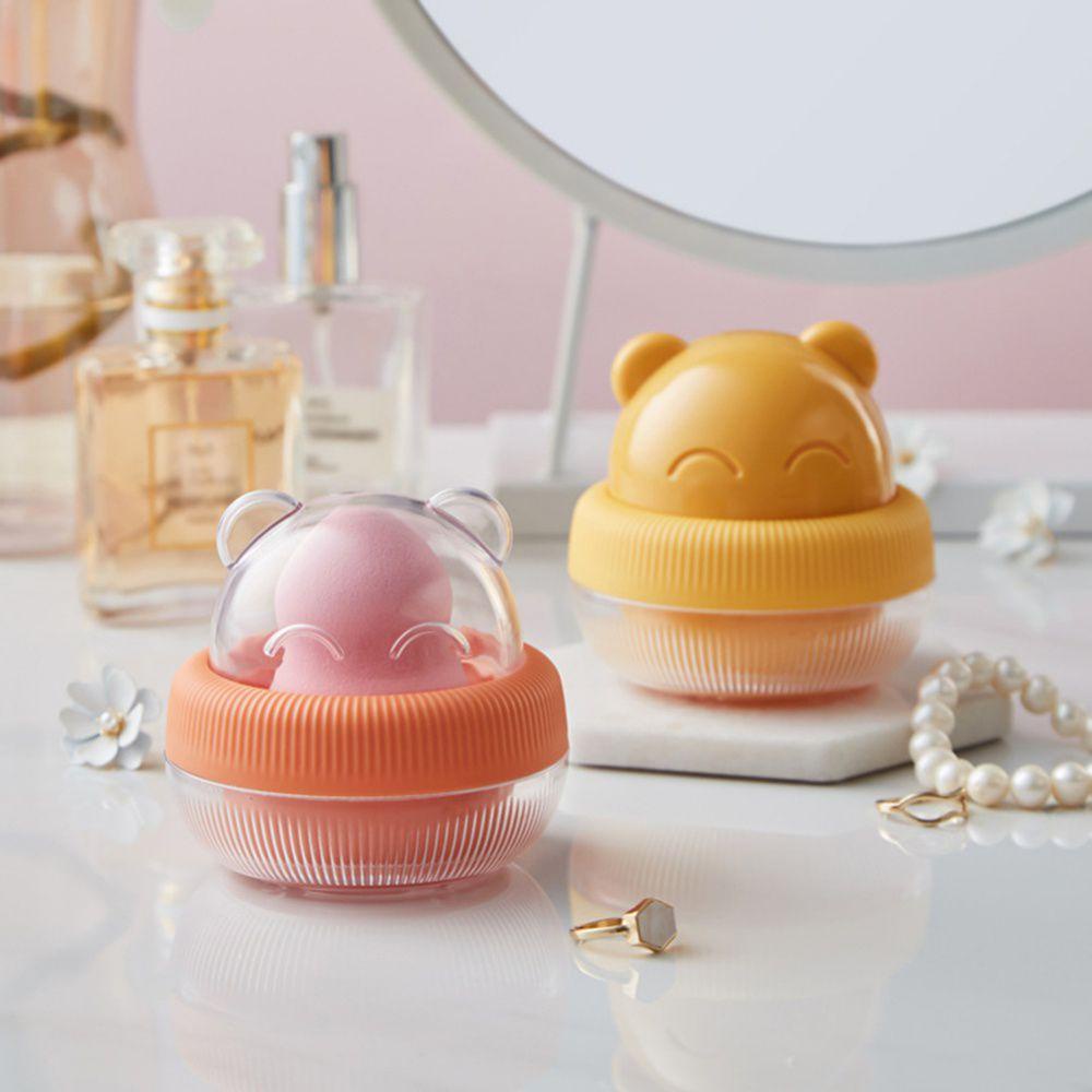 QUINTON 1PC Puffs Drying Box Bear Powder Puff Container Stand Storage Box Empty Transparent Makeup Accessories Sponge Organizer Cartoon Display Makeup Blender Puff Holder/Multicolor