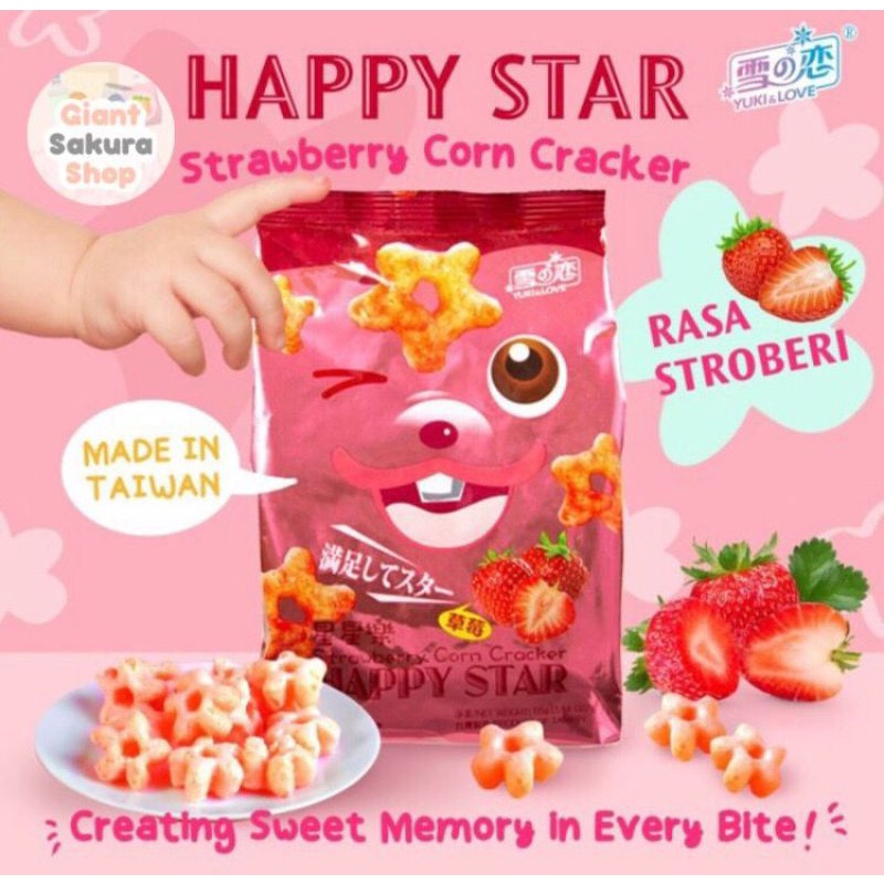 

Happy Star Strawberry Corn Cracker / cemilan impor / Snack impor
