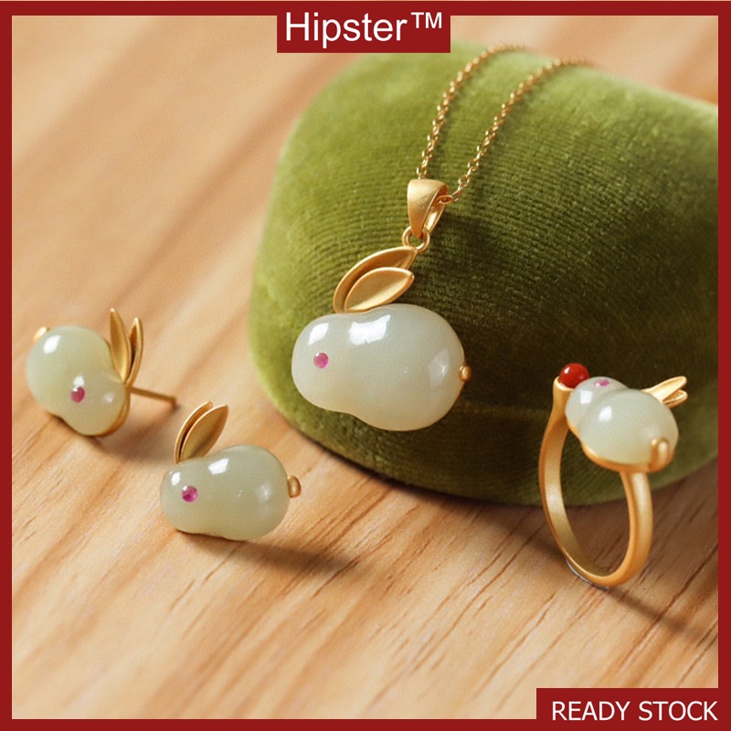 Set Natural Hetian Jade Ring Love Bunny Necklace Ear Stud Pendant