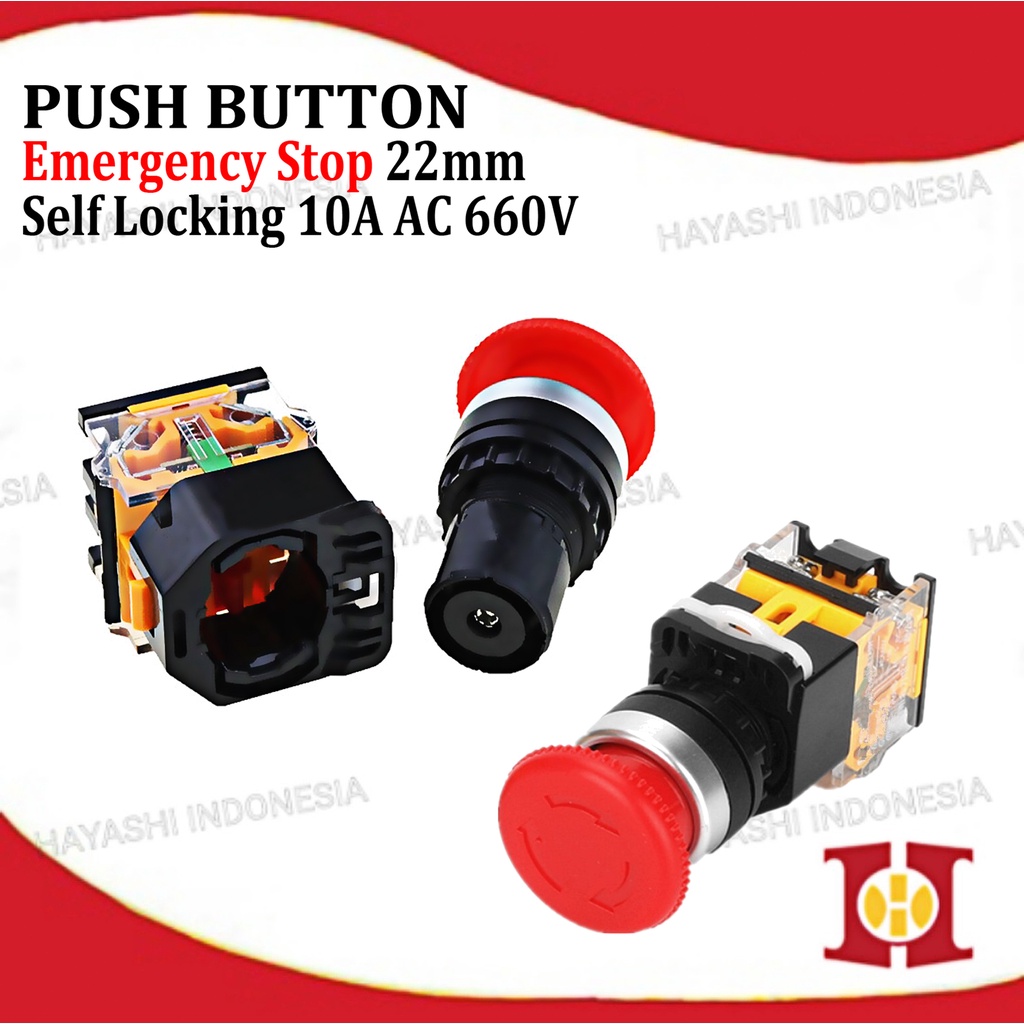 Push Button Emergency Stop Self Locking Switch 22 mm Tombol Darurat