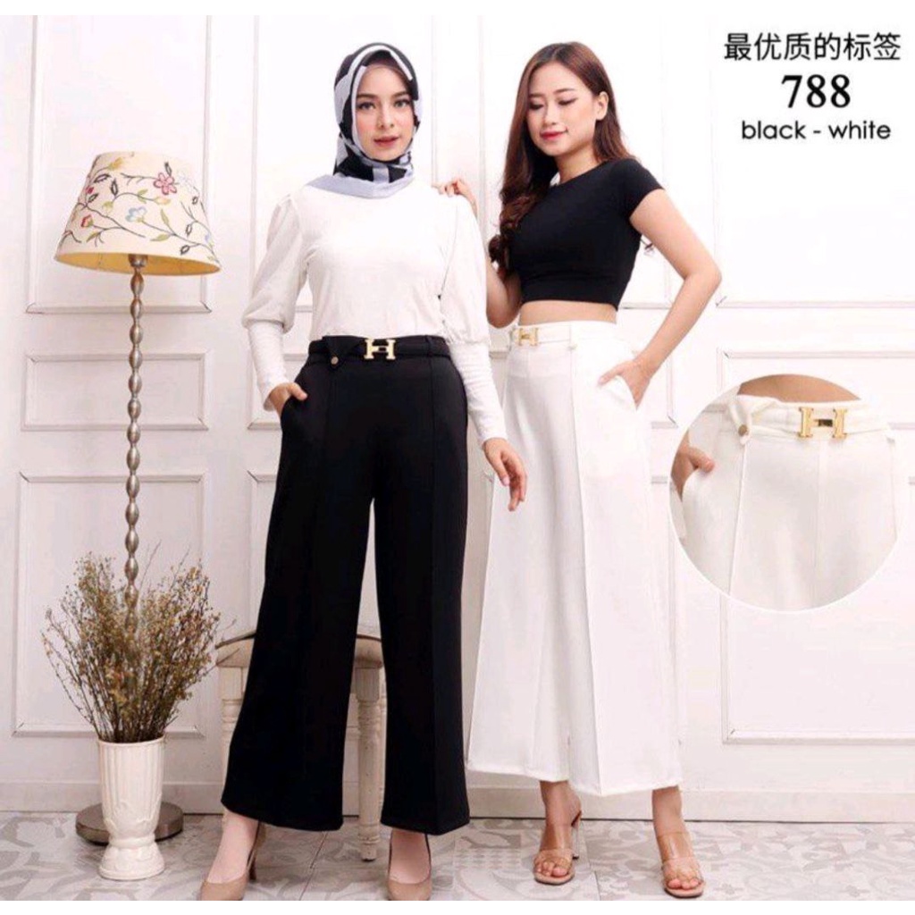 (UDHMA) Celana Kulot Cubit Bahan Scuba Belt H/ Kulot Scuba Cubit Highwaist Belt H