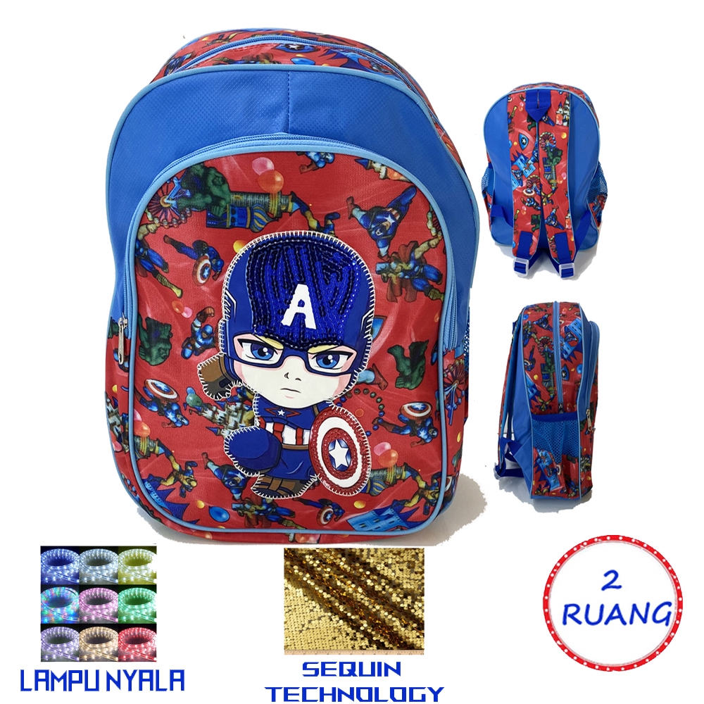 Tas Sequin + LAMPU LED Tas ransel sekolah anak sequin + lampu LED LOL IRONMAN SPIDERMAN CAPTAIN AMRIKA