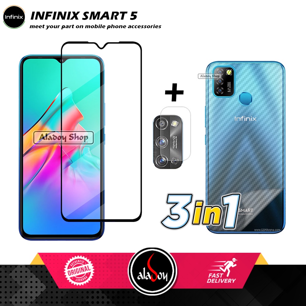 PAKET 3 IN 1 Tempered Glass Layar Infinix Smart 5 + Tempered Glass Camera + Skin Carbon 3D