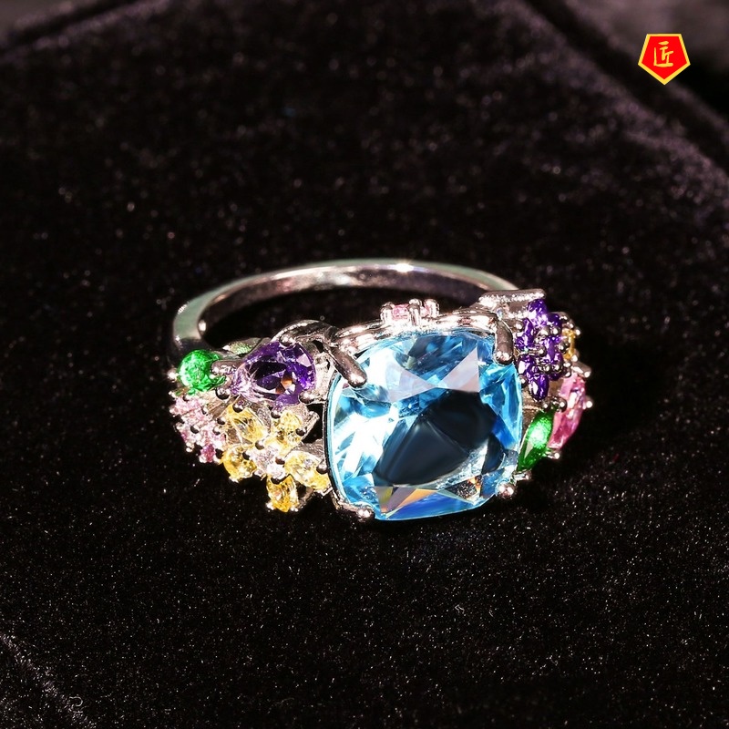 [Ready Stock]Inlaid Square Multi-Color Gemstone Ring