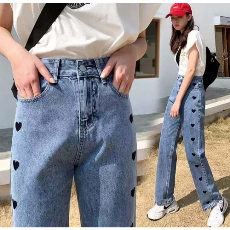 MAGCUN STORE Celana Kulot Jeans Highwaist wanita BF Jeans Bordir Love  Gaya Korea