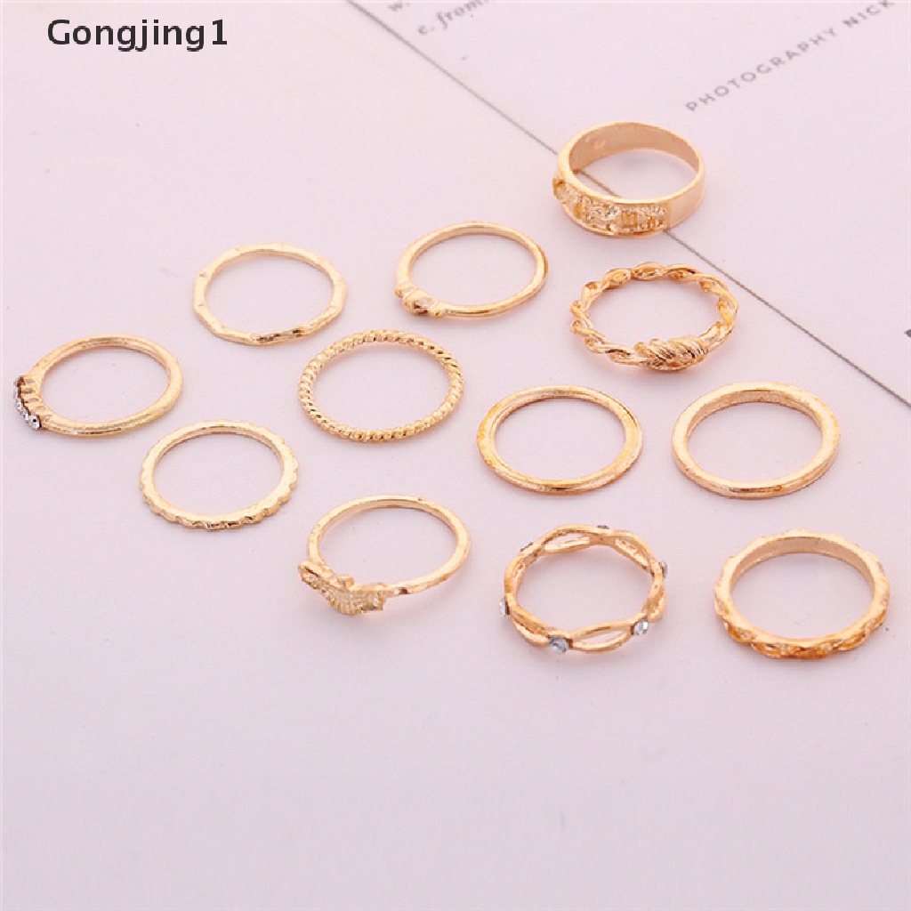 Gongjing1 12pcs / Set Cincin Buku Jari Aneka Bentuk Lapis Emas Gaya Vintage Punk Untuk Wanita