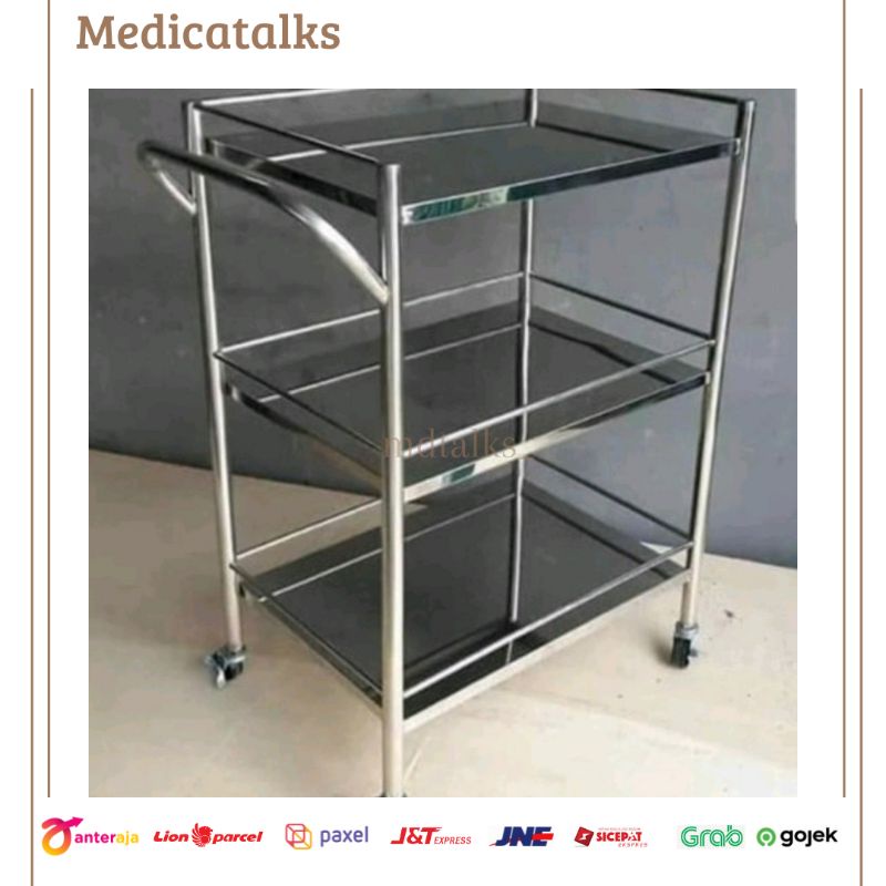 Troll Instrumen 3 Susun Stainless Steel / Trolley Rak Meja Rumah Sakit