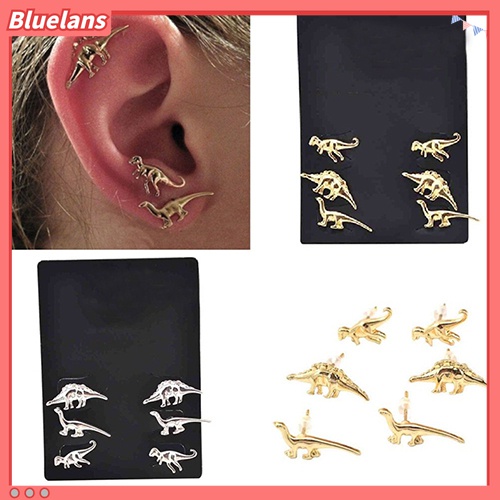 3 Pasang Anting Stud Tindik Bentuk Hewan Dinosaurus Gaya Vintage Punk Untuk Wanita