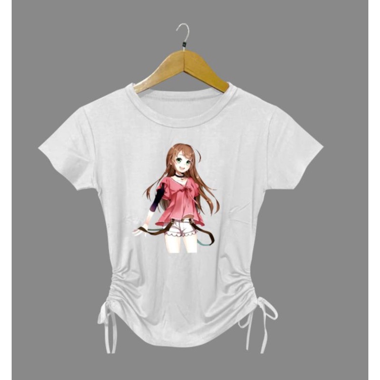 kaos oblong wanita kanan kiri jahit serut gambar anime/tali lengan pendek/bisa COD