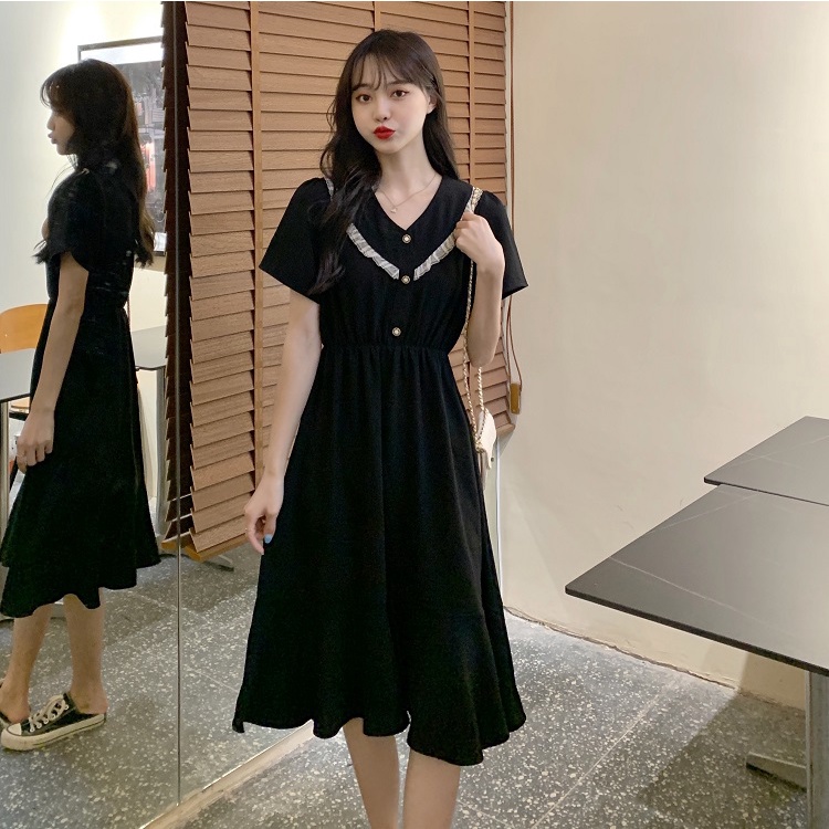 Musim panas wanita gaya baru v-neck lengan pendek penutup pinggang dress midi hitam perut