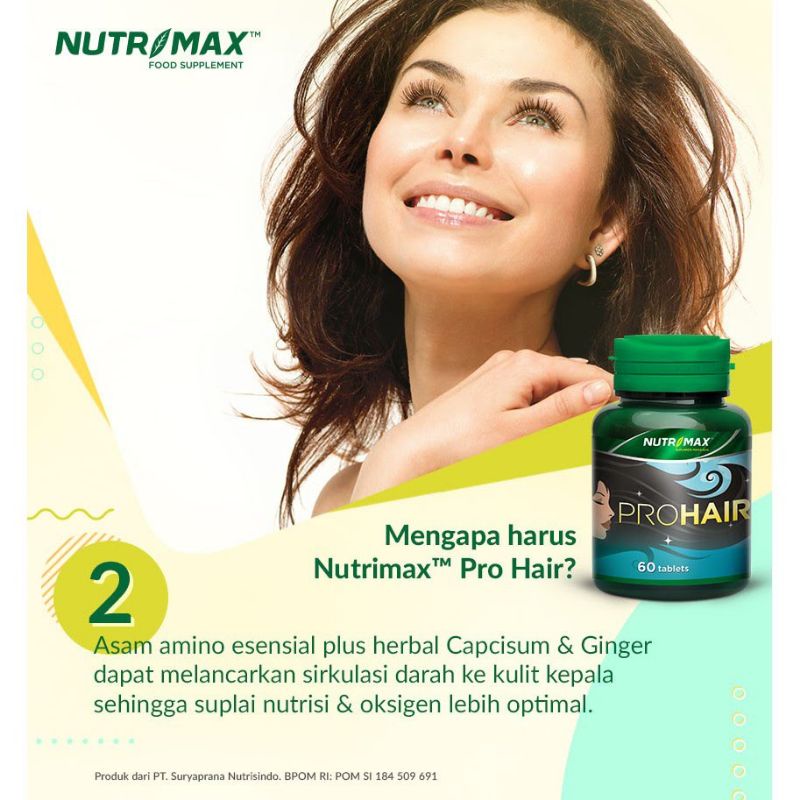 NUTRIMAX PROHAIR PRO HAIR SHINE VITAMIN OBAT RAMBUT RONTOK BOTAK TIPIS UBAN KETOMBE KUSAM 60 TABLET