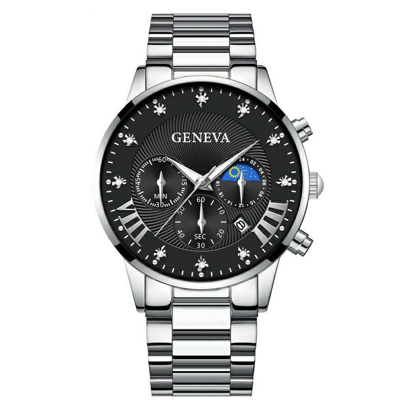 Jam Tangan Pria Rantai Luxury Original Geneva Analog Jam Cowok Stainless Steel Casual Jam Arloji Cowok Besi Quartz Modern Kekinian Formal