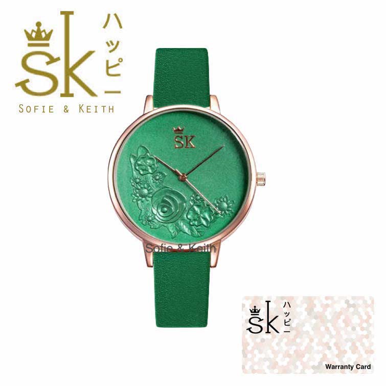 SK Mawar 3D [ Hijau ] Jam Tangan Water Resistant Wanita Fashion Strap Leather - SK_814