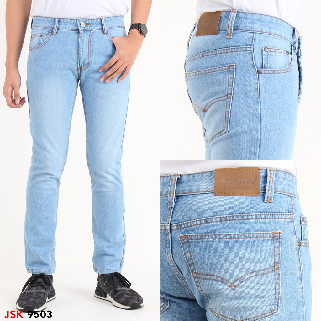 Celana Pria Slim Fit Jeans Warna Biru Muda (Kaki Lurus)