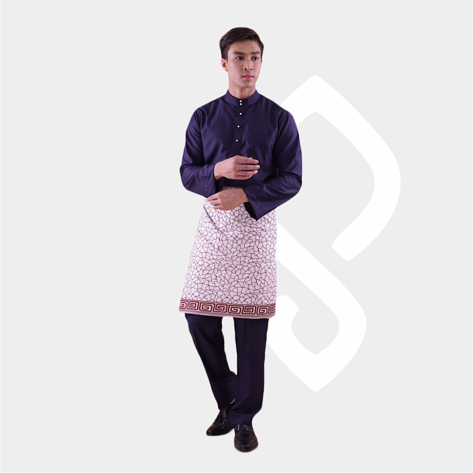Baju Koko Pria Melayu Cekak Musang Bahan Satin Setelan Muslim Kurung Teluk Belanga Navy
