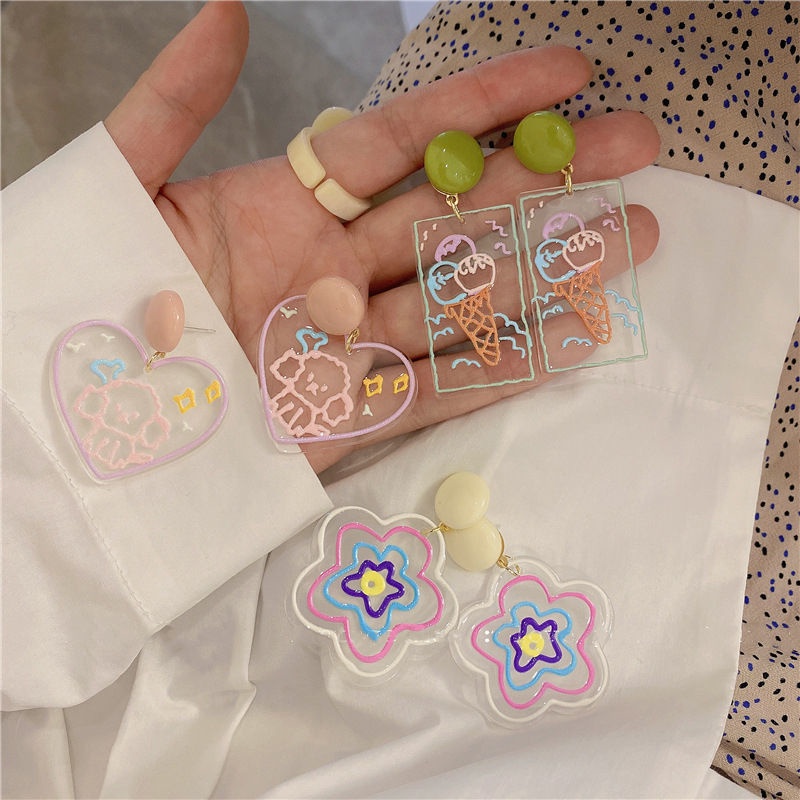 22 baru Korea retro geometris ice cream anting-anting musim panas segar dicat graffiti akrilik antin