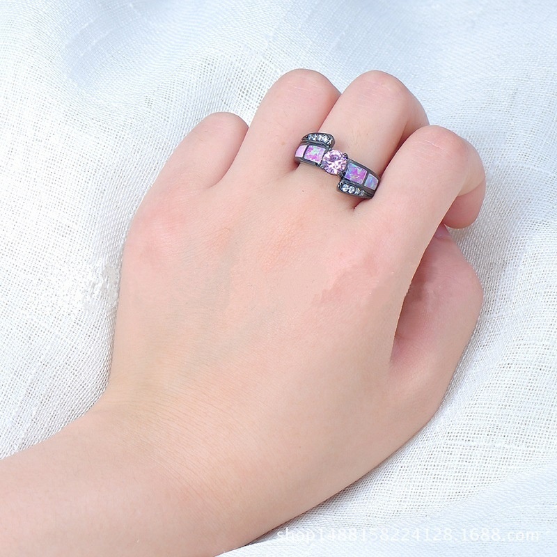 New black gold and pink round diamond opal ring