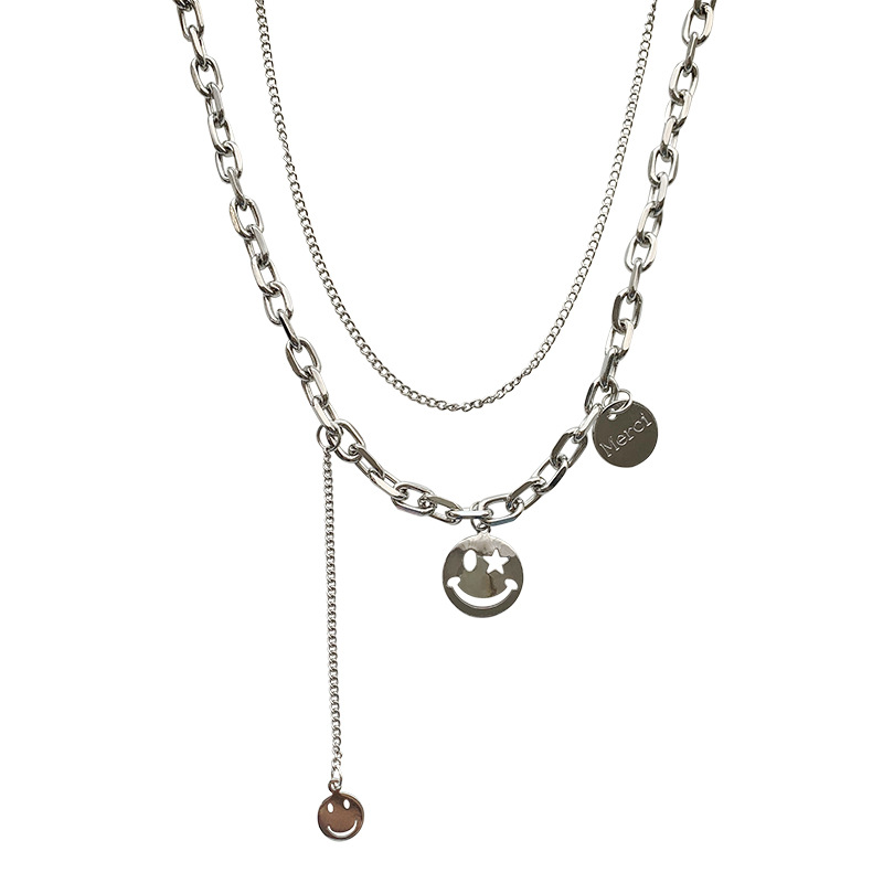 Korean Silver Chain Emoji Necklace Female Hip Hop Double Pendant