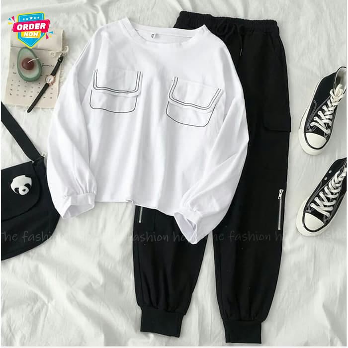 Setelan Baju Stelan Wanita Dewasa Cewek Kekinian Grosir H C SW448 [St Joger Wb Hitam Ve]Setel